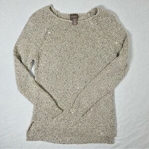 Chico's Sequined Sweater Women Size 0 Beige Knit High Low Slit